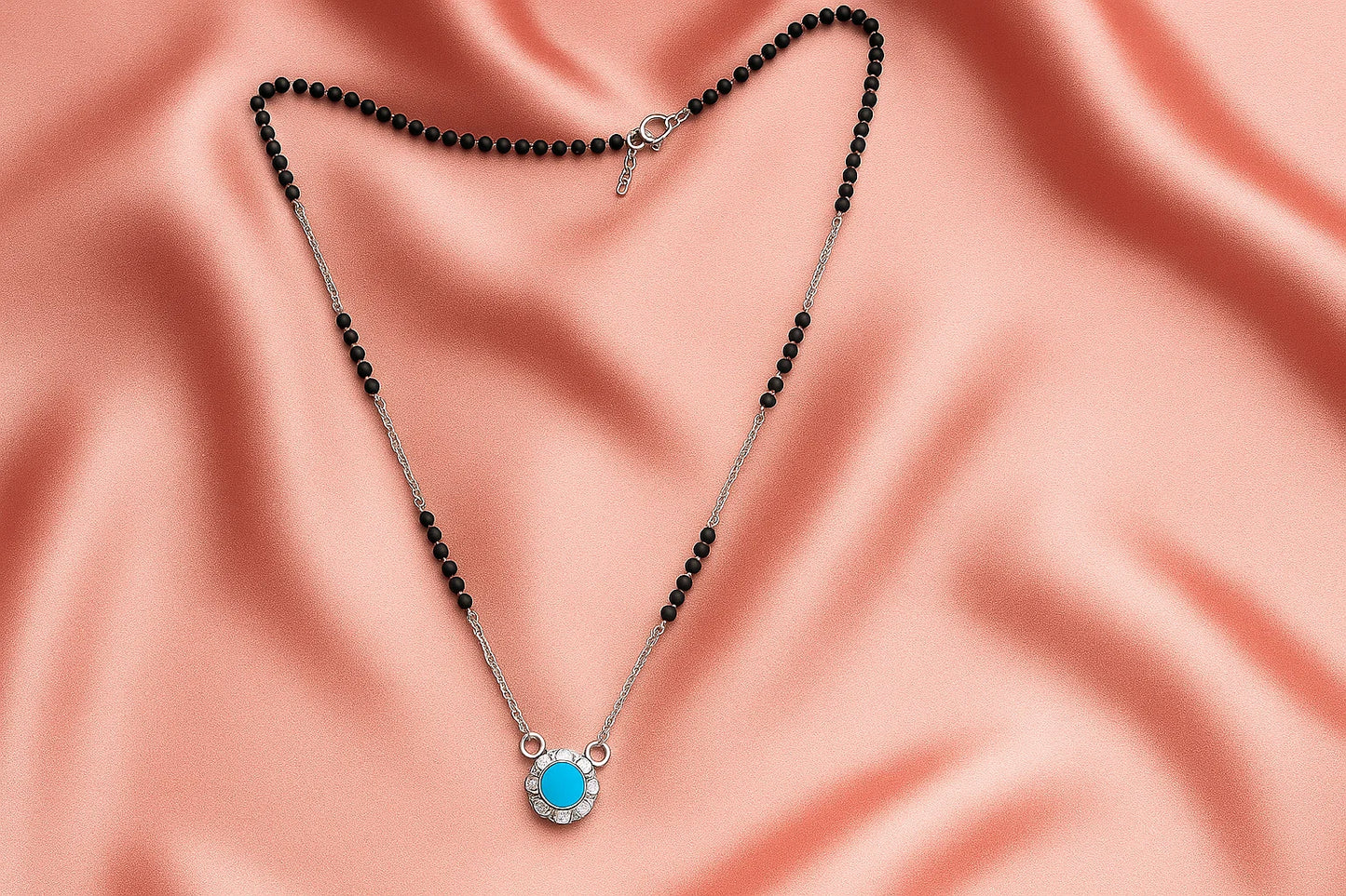 925 Silver Mangalsutra with Turquoise Stone & Crystal Halo