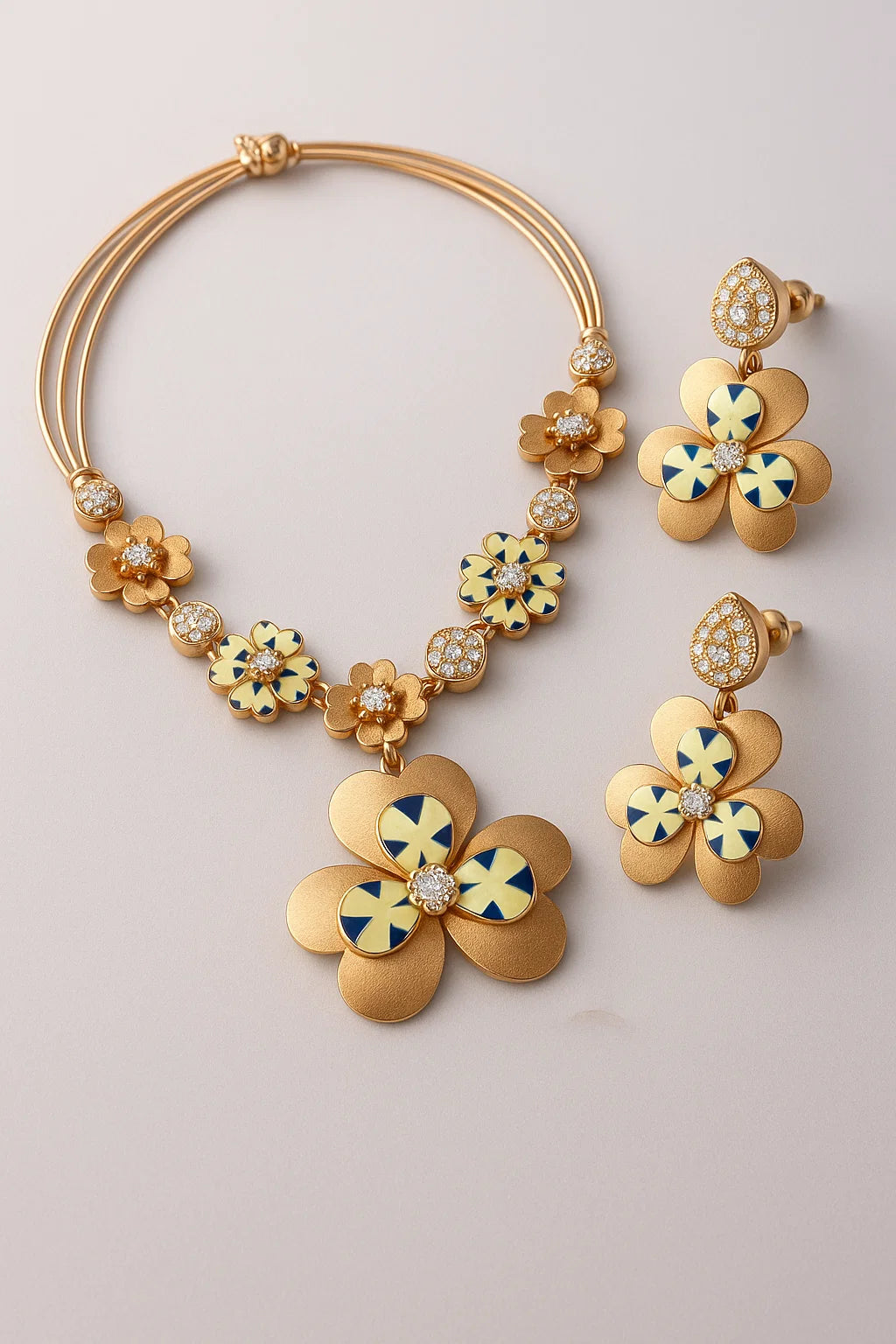 Floral Designer Silver Necklace & Earring Set – Rose Gold Plated with Enamel Accents