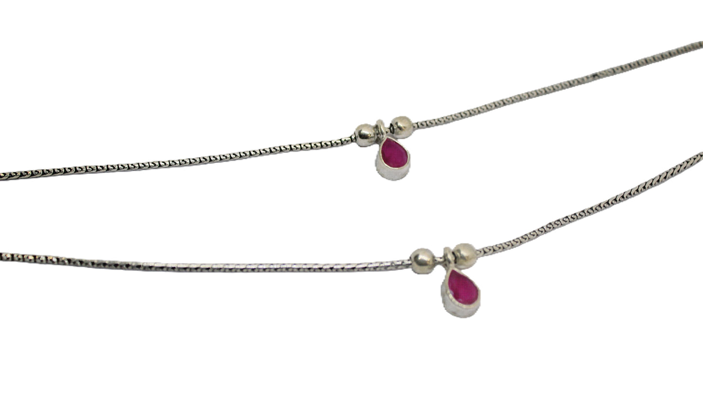 Silver Payal Anklet with Pink Stone Drop – Minimal Ethnic Jewelry