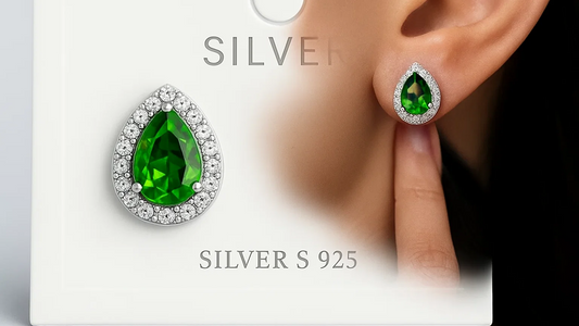 925 Sterling Silver Teardrop Emerald Green Stud Earrings – Halo Crystal Design