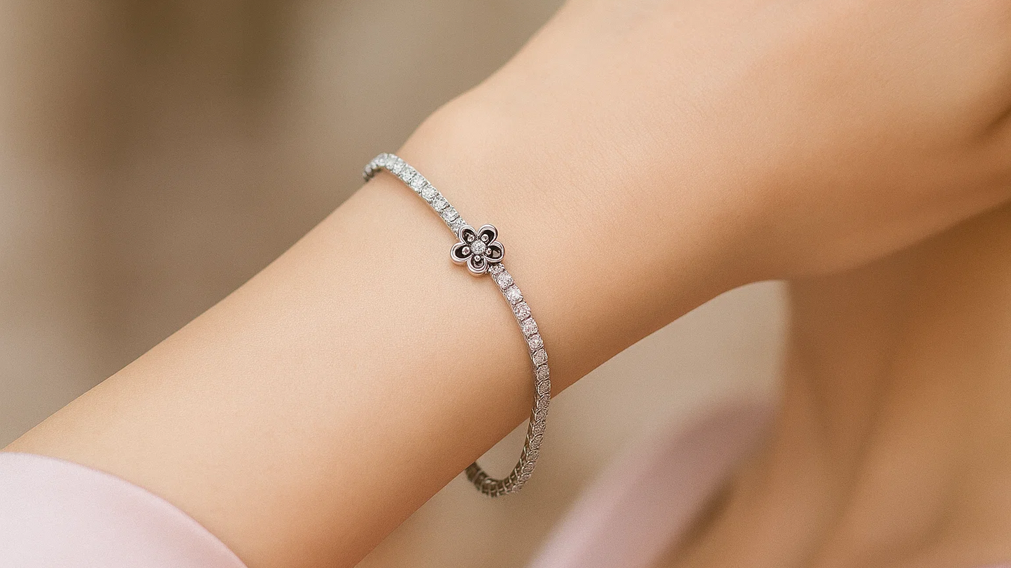 Floral Charm 925 Sterling Silver Tennis Bracelet