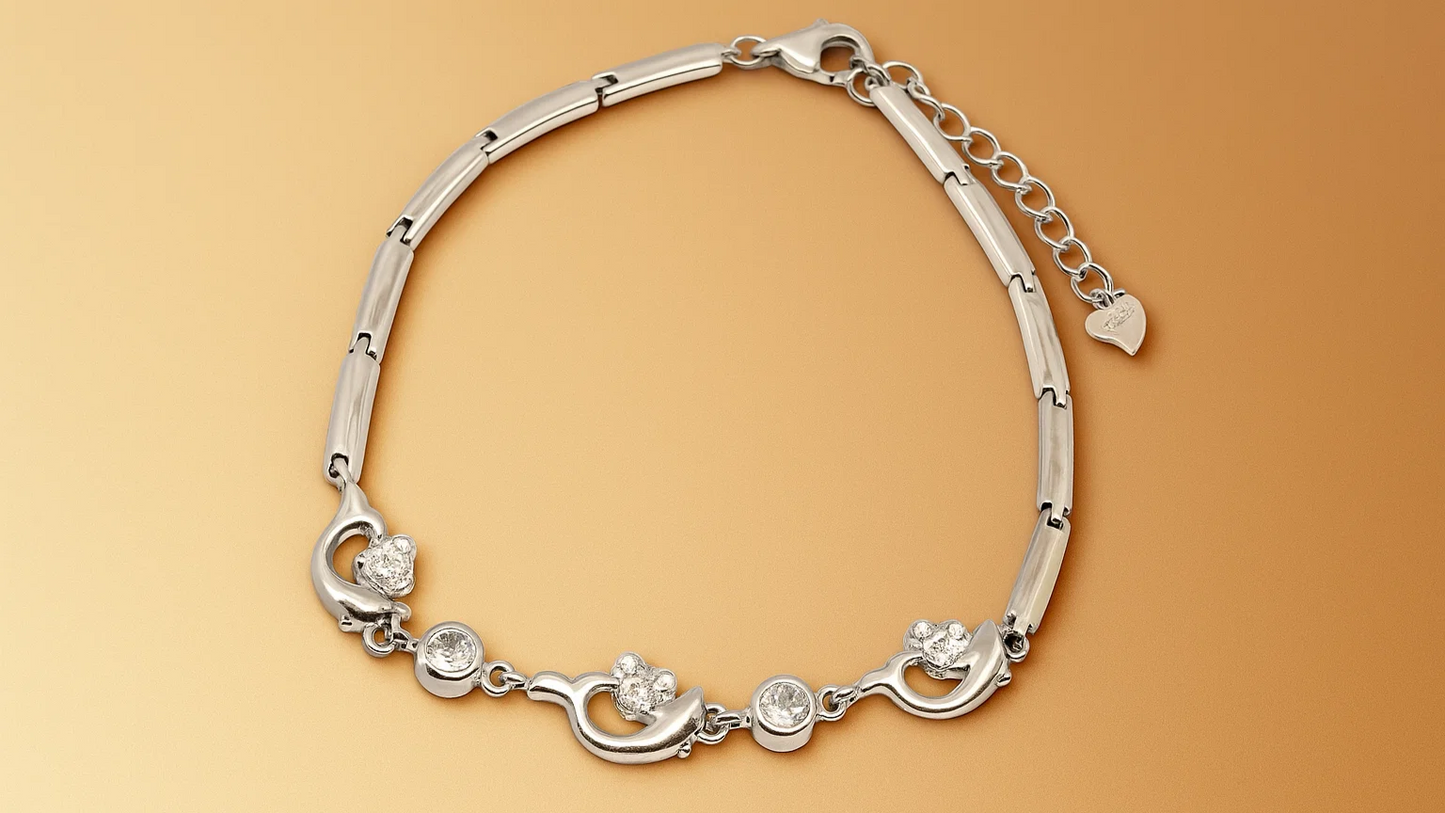 Elegant Silver Floral Charm Bracelet – Adjustable Crystal Accent Women’s Jewelry