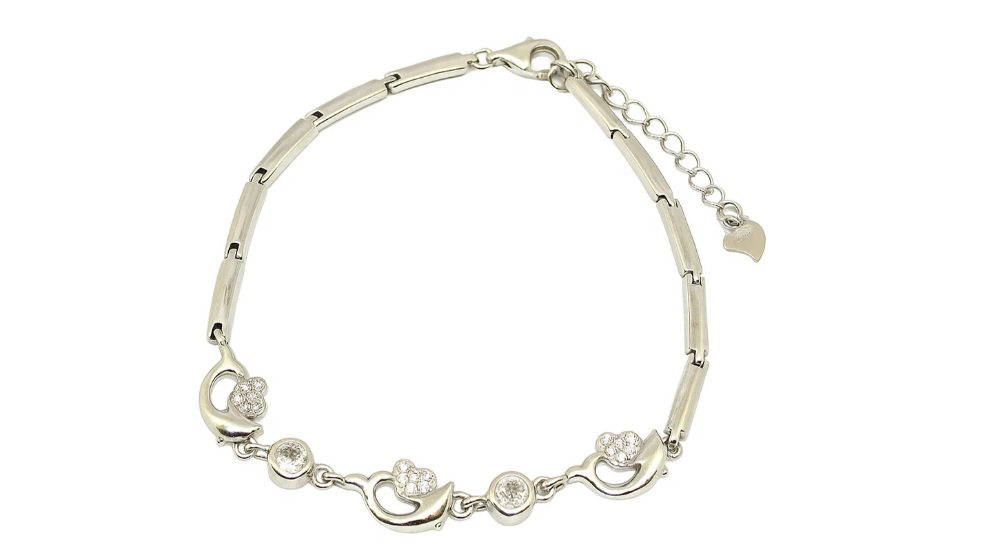 Elegant Silver Floral Charm Bracelet – Adjustable Crystal Accent Women’s Jewelry