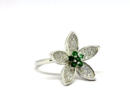 Silver Floral Ring with Green & White CZ – Elegant Designer Flower Ring