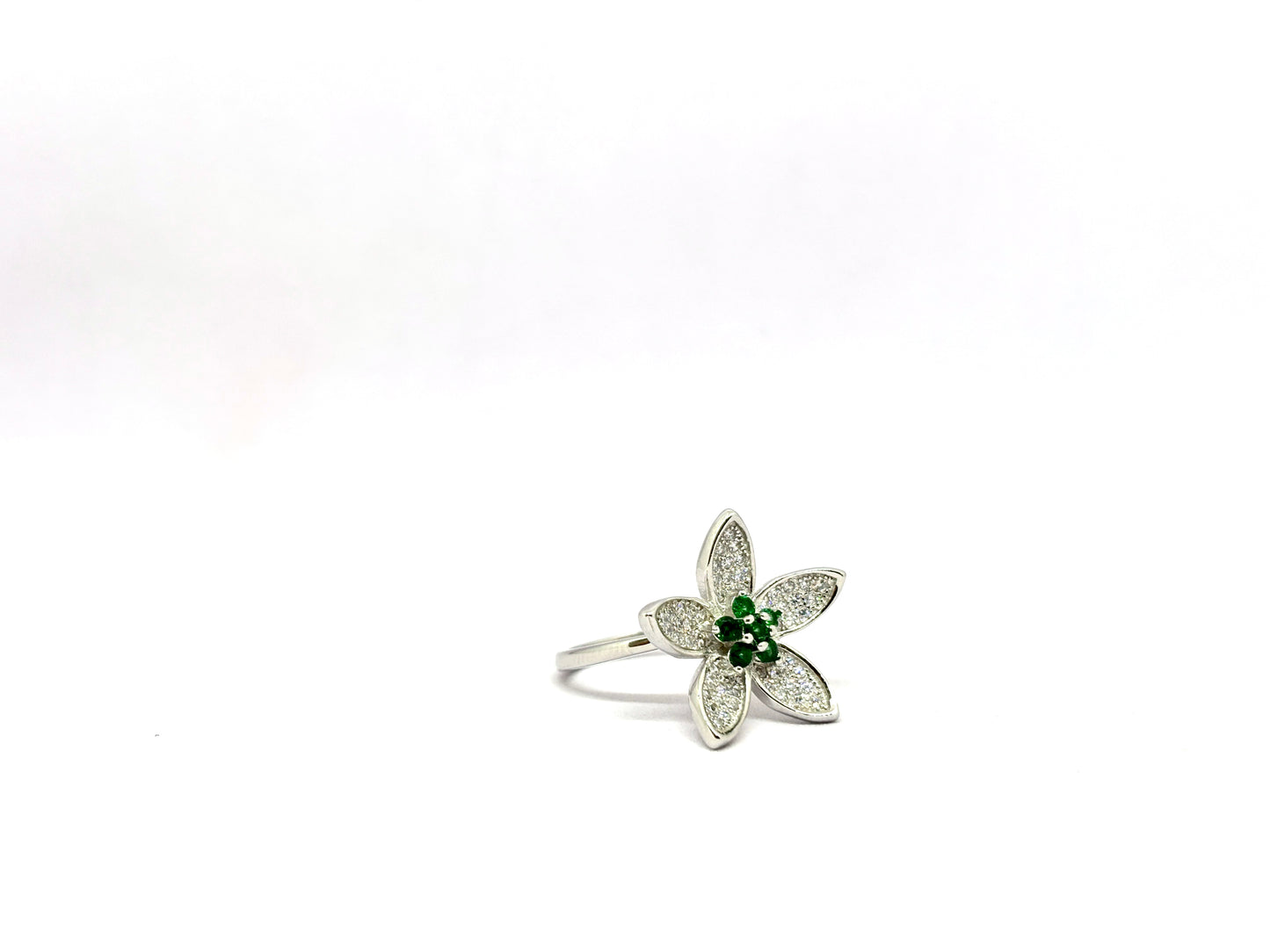 Silver Floral Ring with Green & White CZ – Elegant Designer Flower Ring