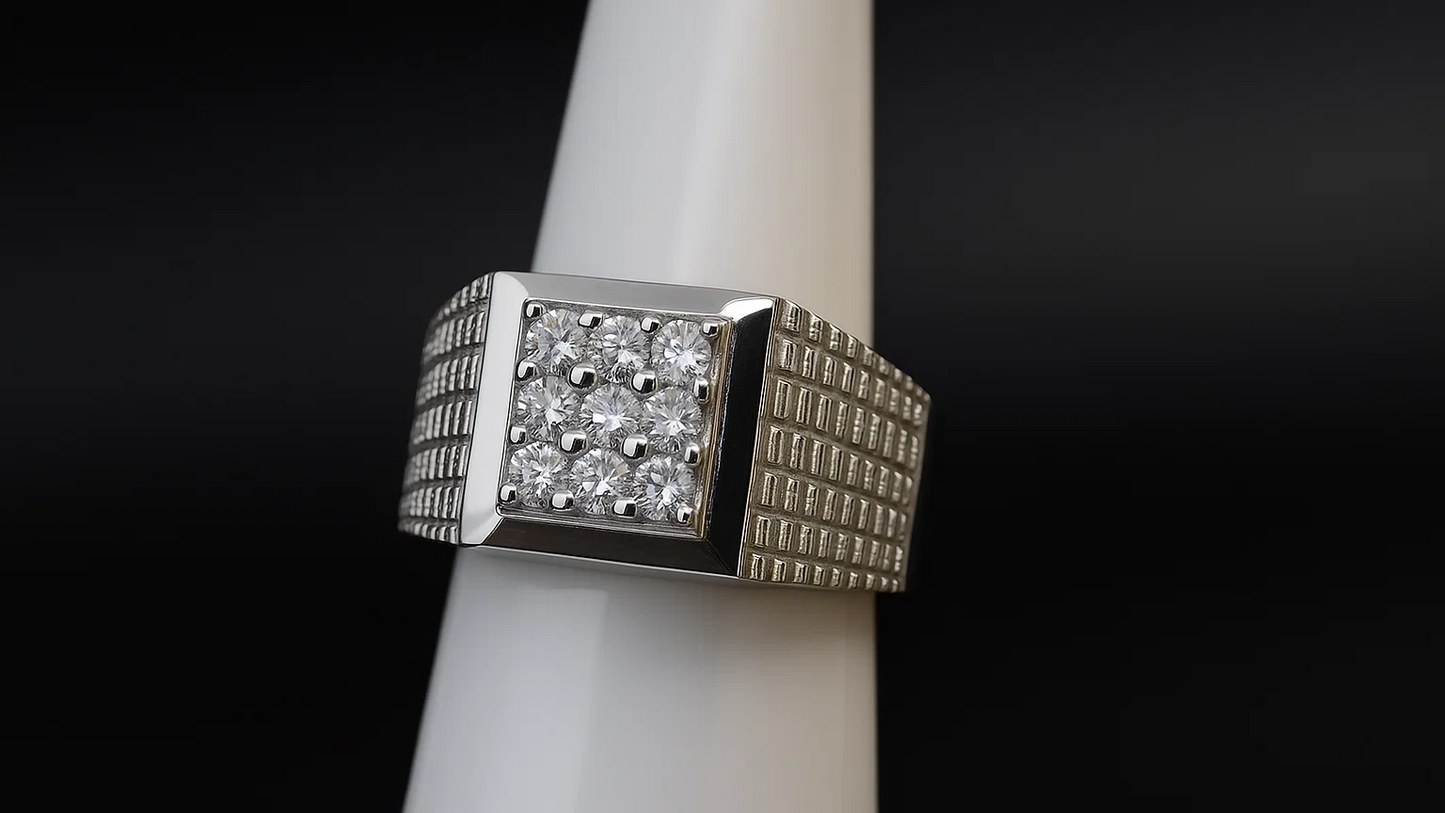 Men’s Silver Statement Ring with Rectangular Stone Cluster