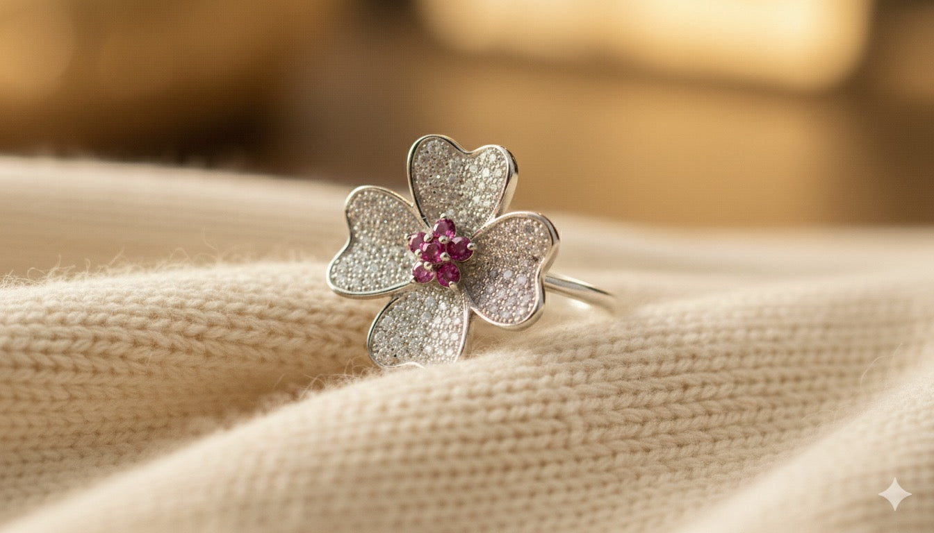 925 Silver Four-Leaf Floral Ring with Pink Stone Center