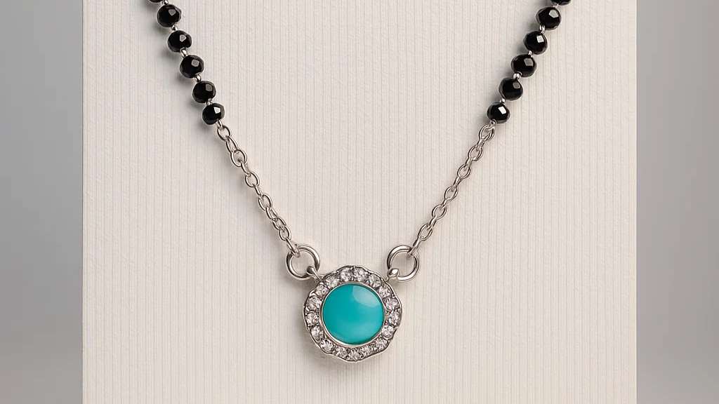 925 Silver Mangalsutra with Turquoise Stone & Crystal Halo