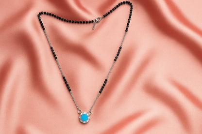925 Silver Mangalsutra with Turquoise Stone & Crystal Halo