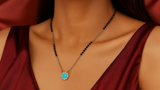 925 Silver Mangalsutra with Turquoise Stone & Crystal Halo
