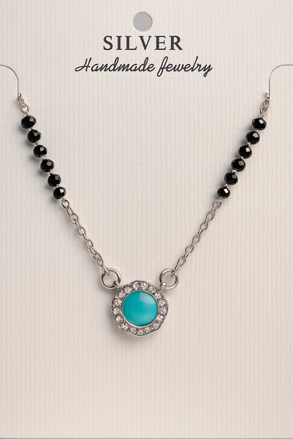 925 Silver Mangalsutra with Turquoise Stone & Crystal Halo