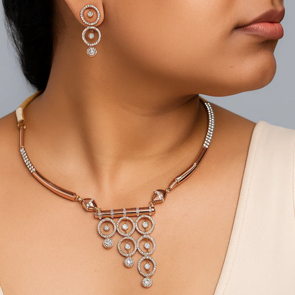 Rose Gold Plated Silver Necklace & Earring Set – Modern Geometric Designer Jewelry
