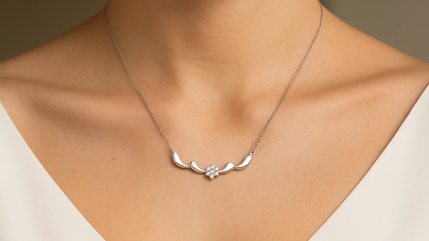 925 Silver Floral Curve Necklace with Micro Stones