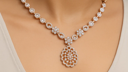 Elegant Diamond Floral Silver Necklace & Earring Set – Rose Gold Finish Bridal Jewelry