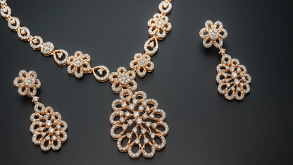 Elegant Diamond Floral Silver Necklace & Earring Set – Rose Gold Finish Bridal Jewelry