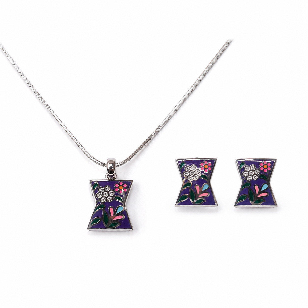 Purple Floral Enamel Pendant Set