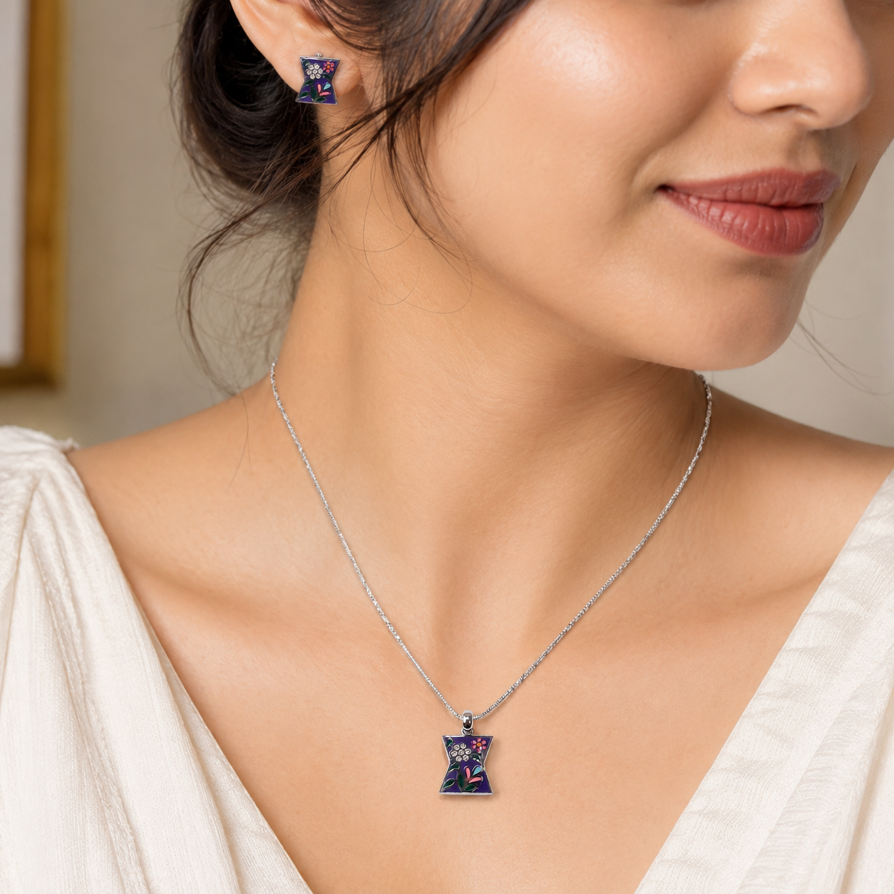 Purple Floral Enamel Pendant Set