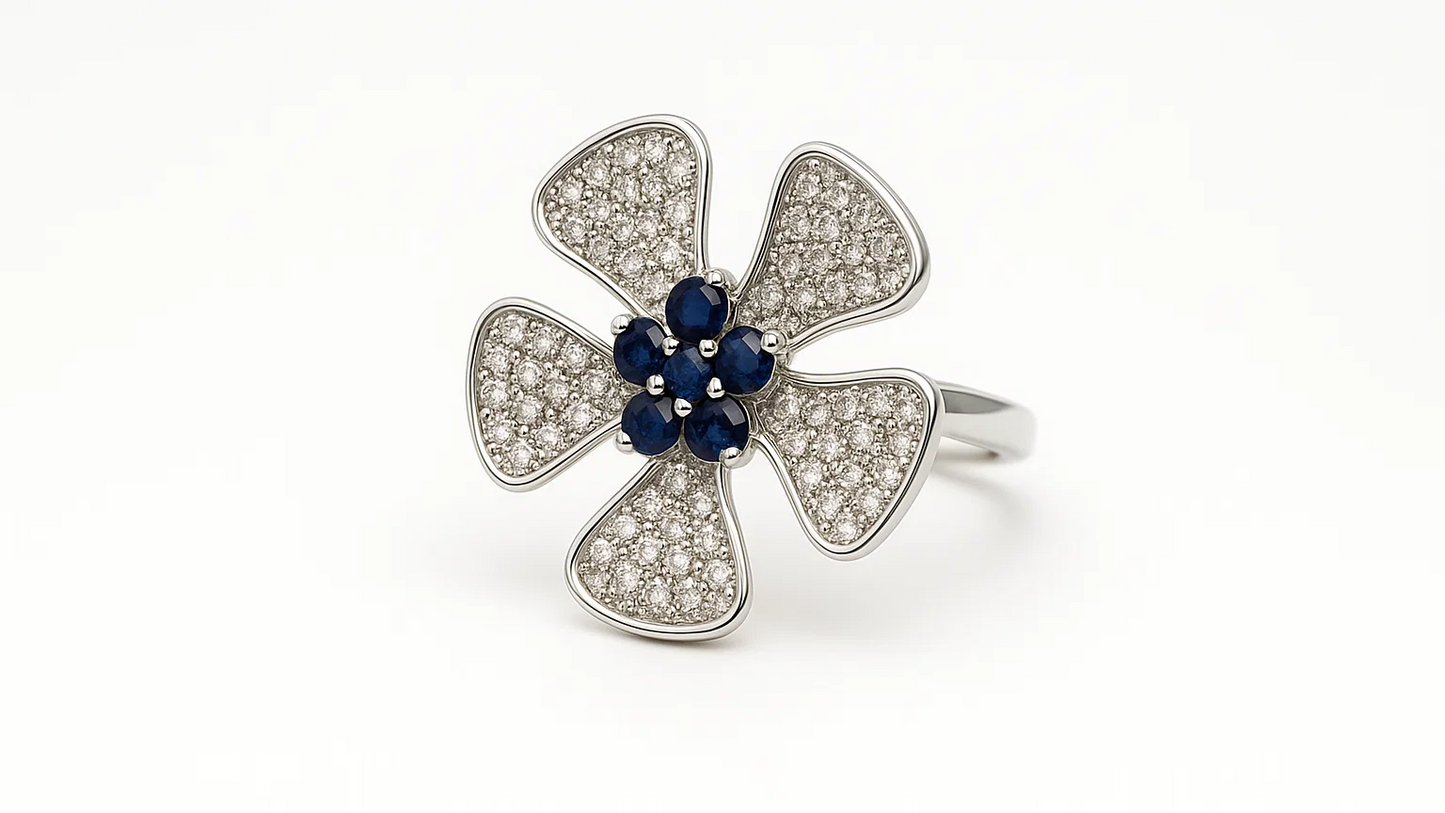 Sterling Silver Blue & White Stone Flower Ring