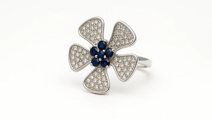 Sterling Silver Blue & White Stone Flower Ring