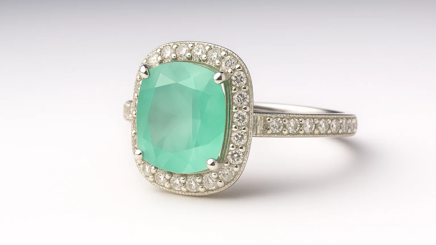 Elegant 925 Sterling Silver Ring with Green Cushion-Cut Stone