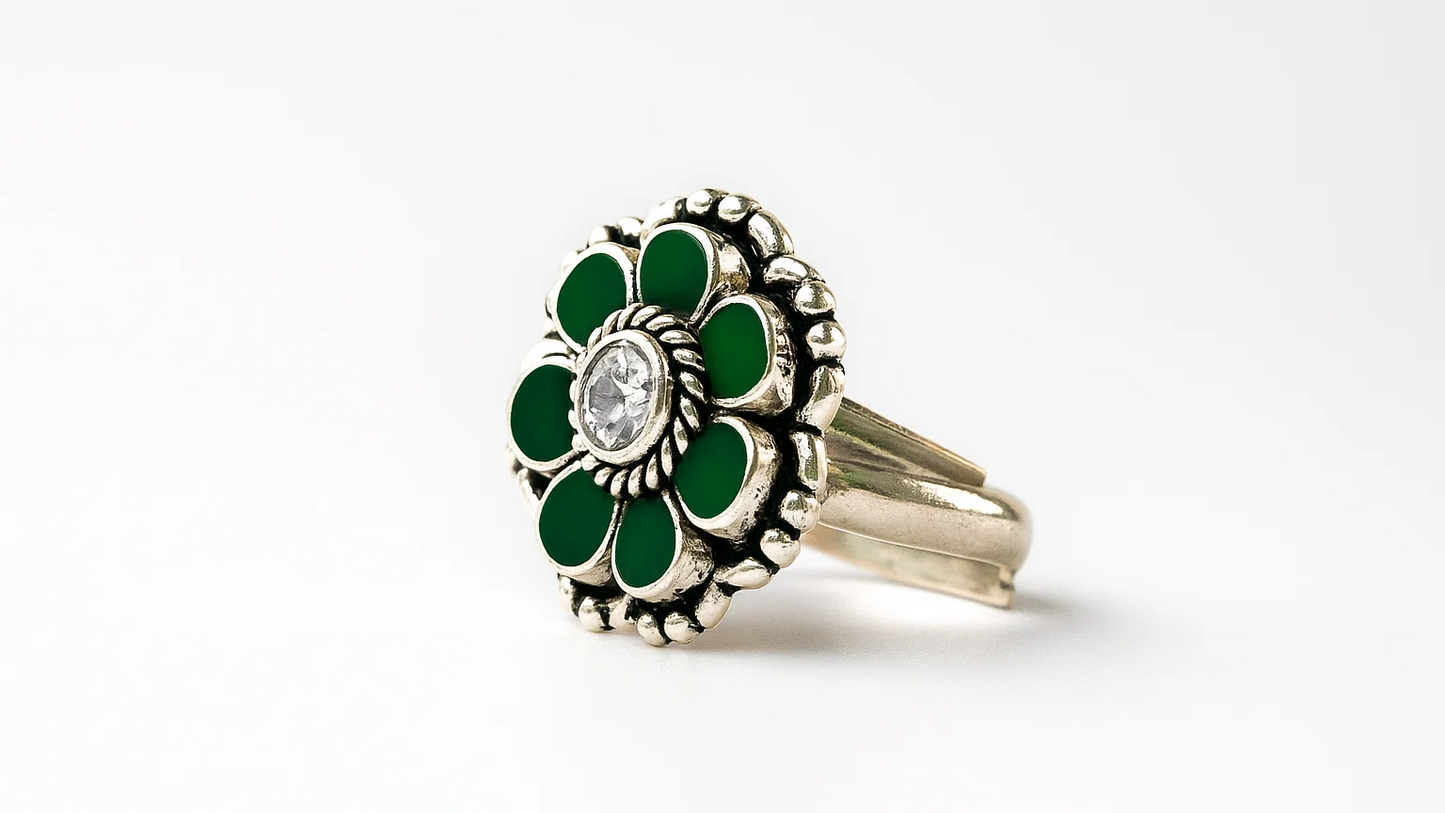 925 Sterling Silver Floral Ring with Green Stones