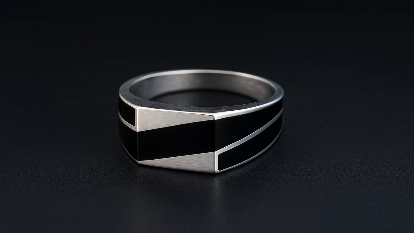 925 Sterling Silver Men’s Ring with Black Enamel Stripe Design