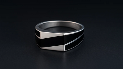 925 Sterling Silver Men’s Ring with Black Enamel Stripe Design