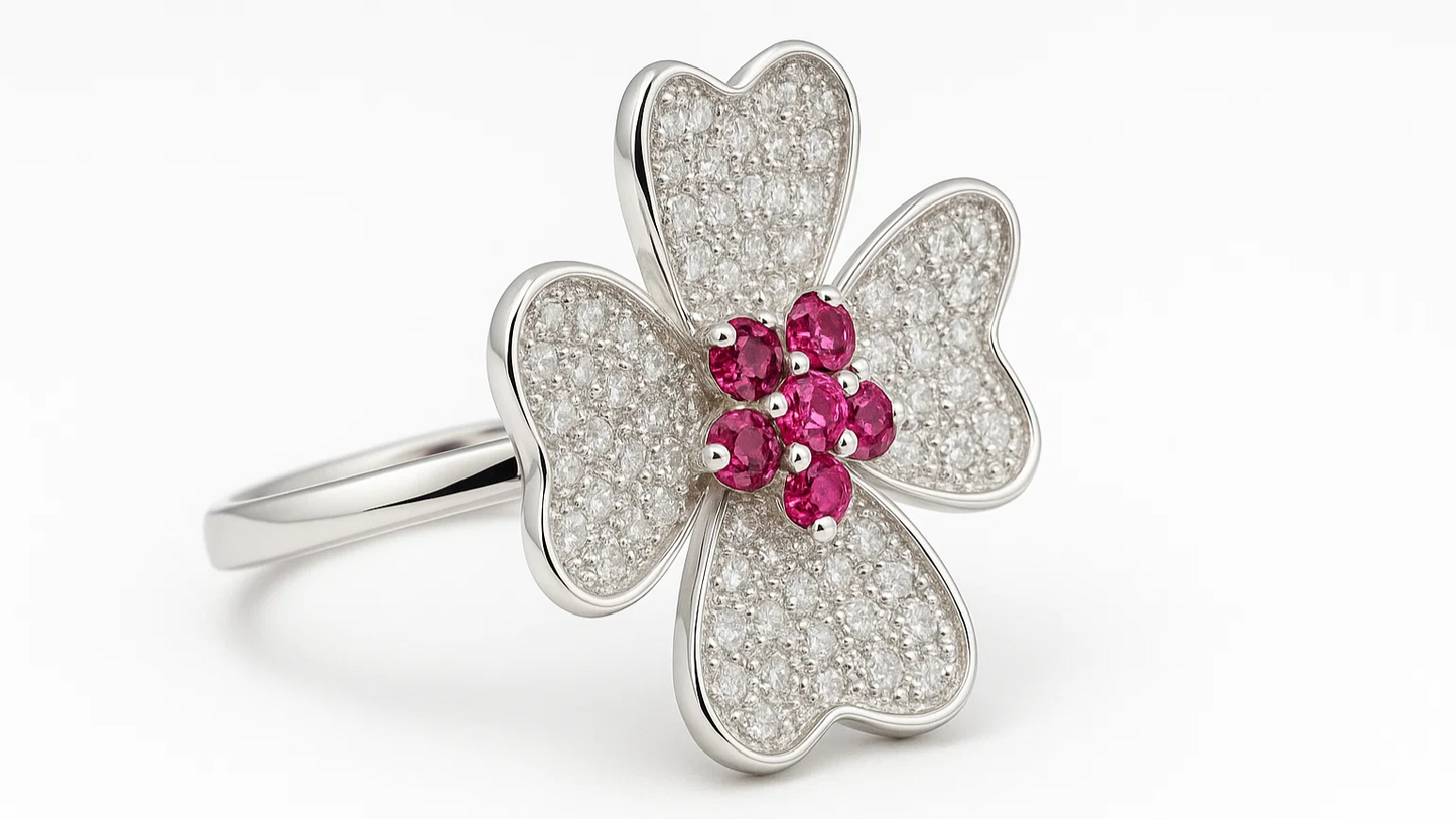 925 Silver Four-Leaf Floral Ring with Pink Stone Center