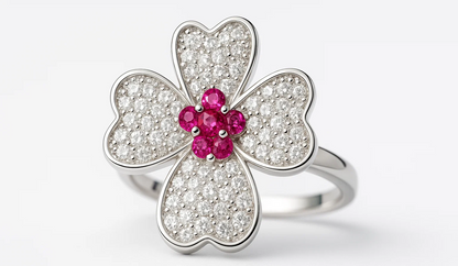 925 Silver Four-Leaf Floral Ring with Pink Stone Center