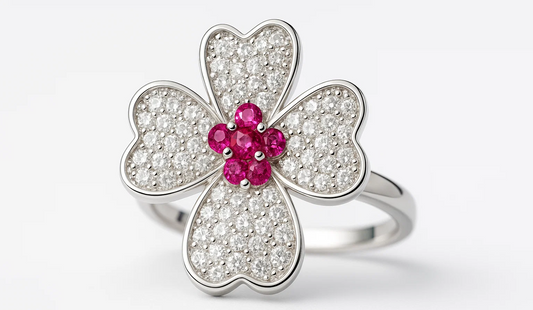925 Silver Four-Leaf Floral Ring with Pink Stone Center