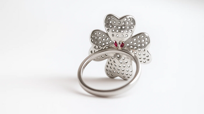 925 Silver Four-Leaf Floral Ring with Pink Stone Center
