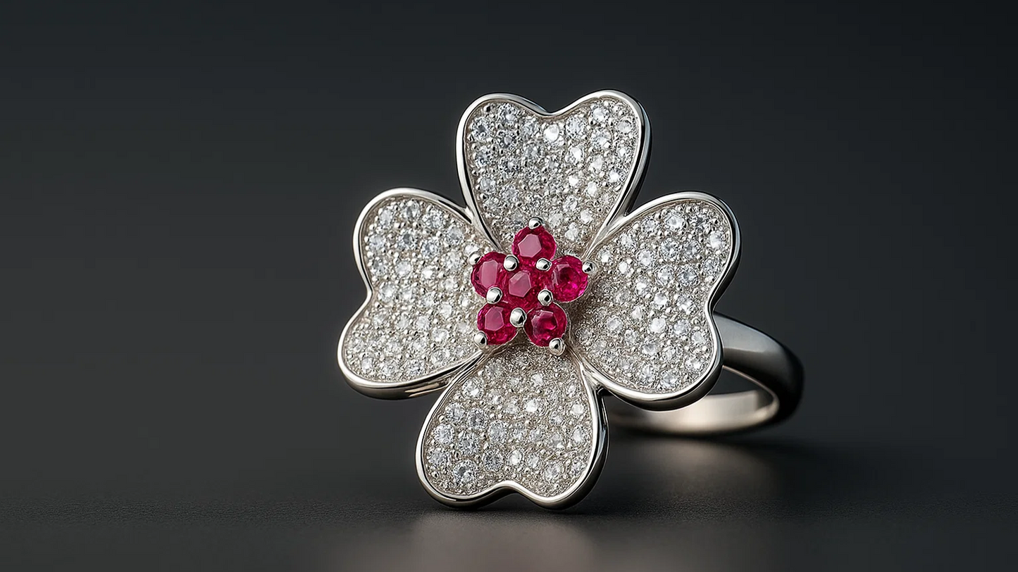 925 Silver Four-Leaf Floral Ring with Pink Stone Center