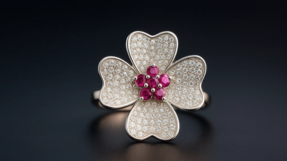 925 Silver Four-Leaf Floral Ring with Pink Stone Center