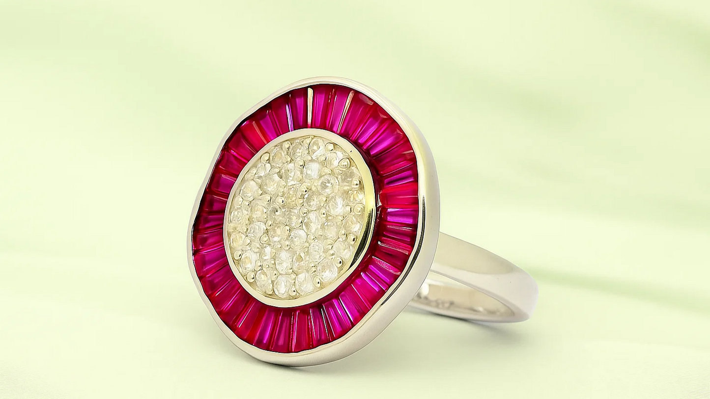 Silver Ruby & CZ Halo Ring