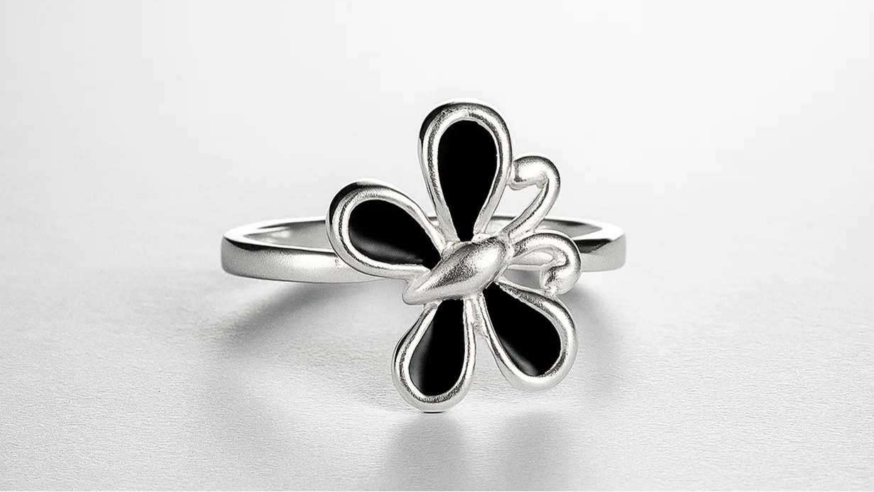 Midnight Bloom 925 Silver Enamel Ring