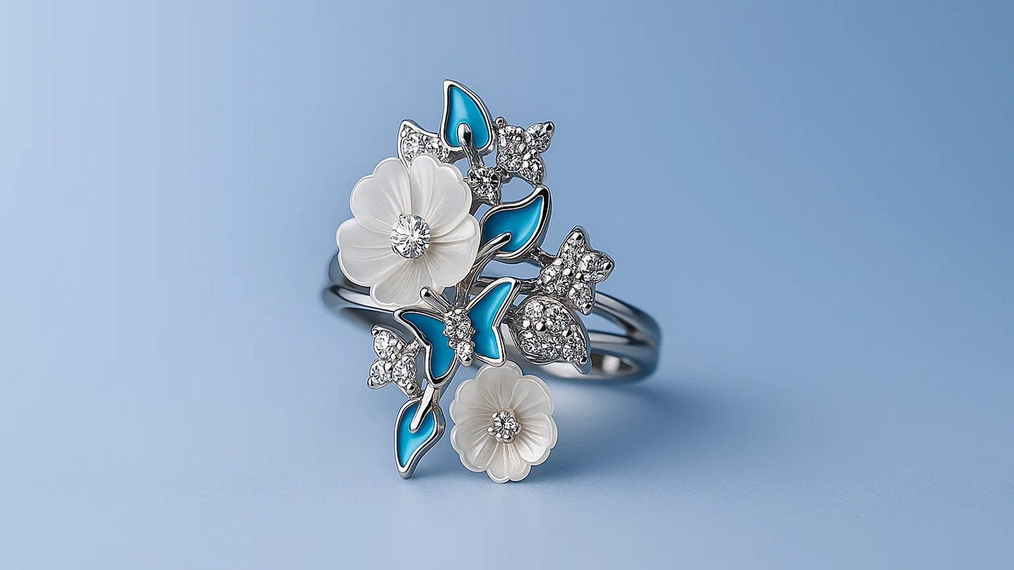 925 Sterling Silver Floral Butterfly Cocktail Ring
