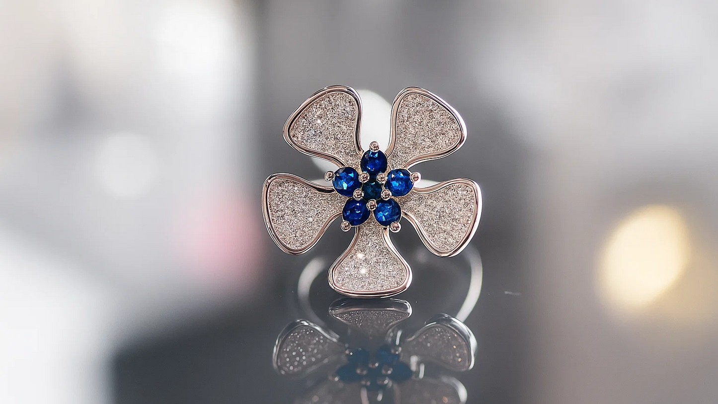 Sterling Silver Blue & White Stone Flower Ring