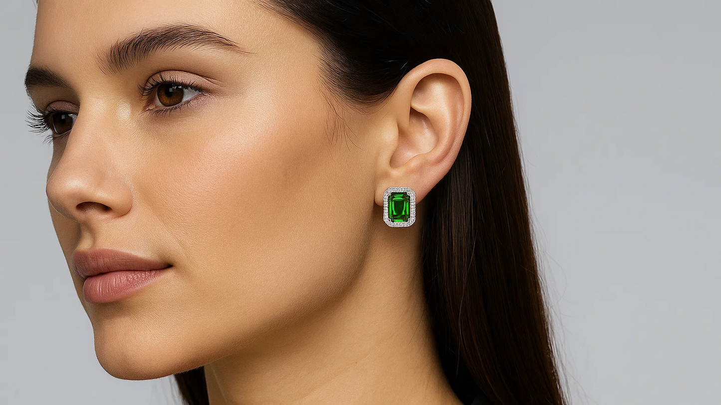 925 Sterling Silver Emerald Green Stud Earrings – Classic Halo Design
