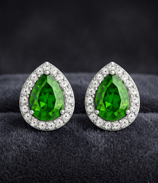 925 Sterling Silver Teardrop Emerald Green Stud Earrings – Halo Crystal Design