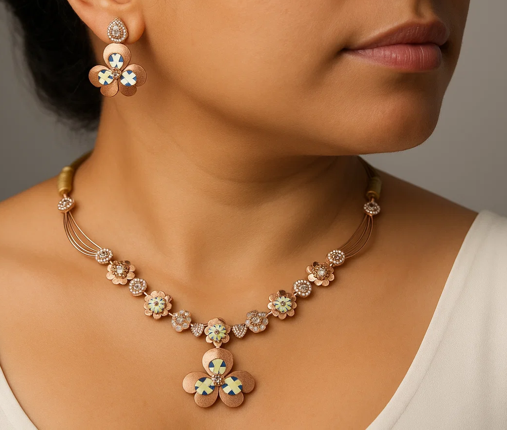 Floral Designer Silver Necklace & Earring Set – Rose Gold Plated with Enamel Accents