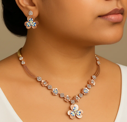 Floral Designer Silver Necklace & Earring Set – Rose Gold Plated with Enamel Accents