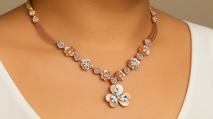 Floral Designer Silver Necklace & Earring Set – Rose Gold Plated with Enamel Accents