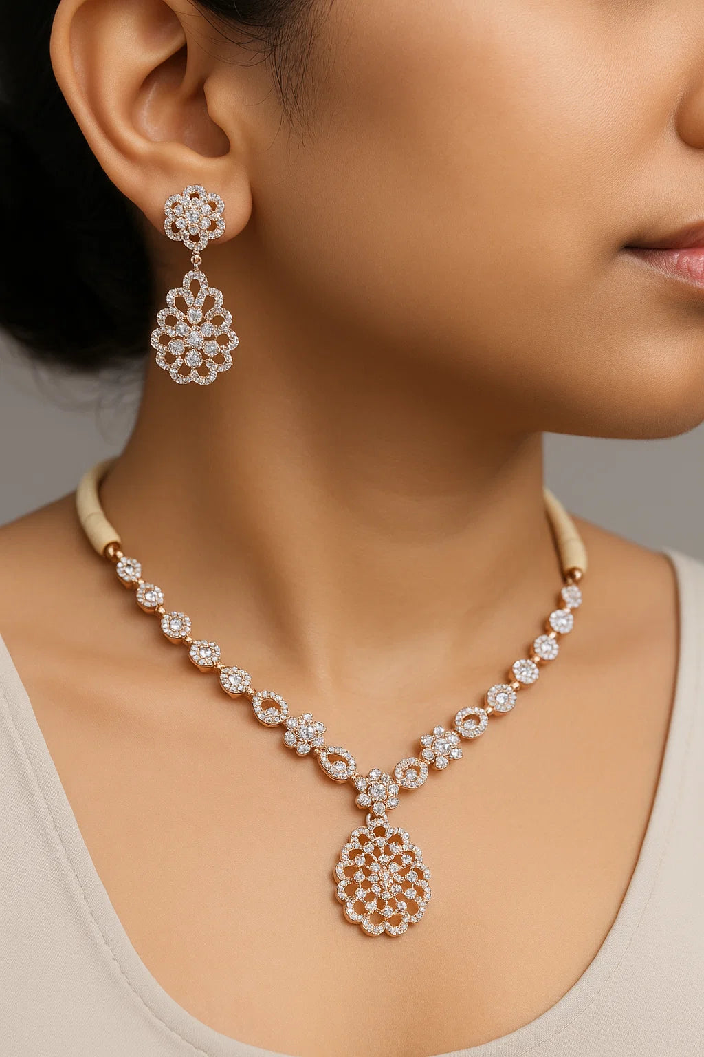 Elegant Diamond Floral Silver Necklace & Earring Set – Rose Gold Finish Bridal Jewelry