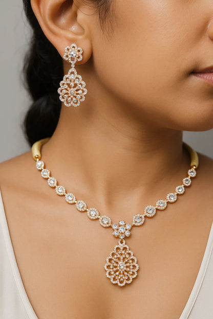 Elegant Diamond Floral Silver Necklace & Earring Set – Rose Gold Finish Bridal Jewelry