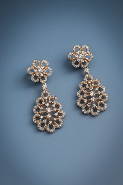 Elegant Diamond Floral Silver Necklace & Earring Set – Rose Gold Finish Bridal Jewelry