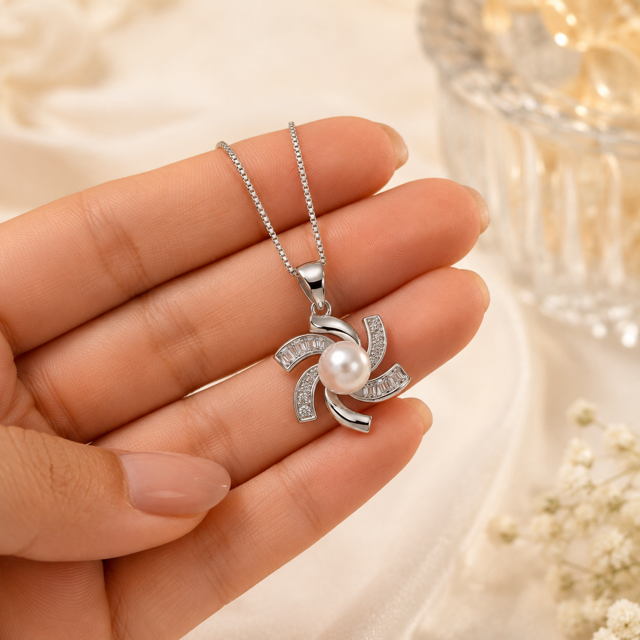 Moon Pearl Swirl Pendant Set Necklace