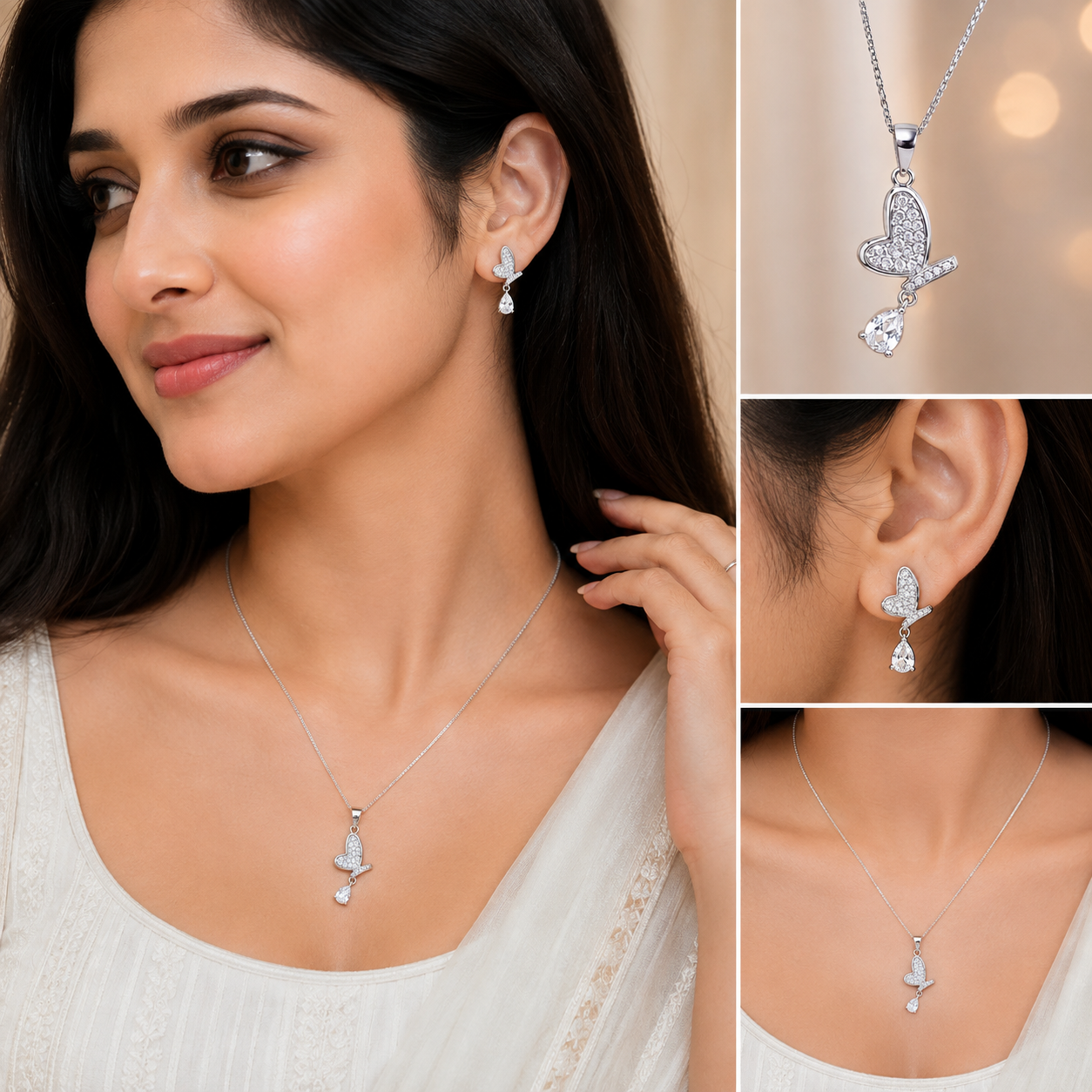 Flutter Heart Drop Pendant Set Necklace