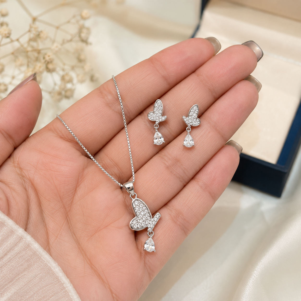 Flutter Heart Drop Pendant Set Necklace