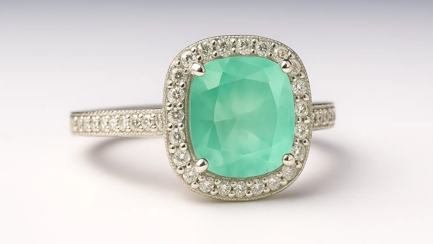 Elegant 925 Sterling Silver Ring with Green Cushion-Cut Stone
