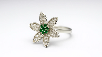 Silver Floral Ring with Green & White CZ – Elegant Designer Flower Ring